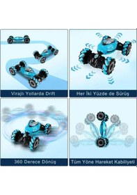 Resim El Hareket Sensörlü Uzaktan Kumandalı Akrobat Araba 4x4 Işıklı Müzikli Çift Yönlü Drift Stunt Car Mavi 
