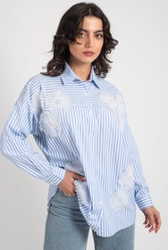Resim Hatun Atila Tül Çiçek Ve İnci Detaylı Çizgili Gömlek 7929 - Bebek Mavisi - Bebek Mavisi / L 
