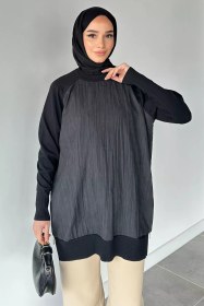 Resim Gülseli Yan Fermuar Detaylı Bisiklet Yaka Tesettür Tunik Siyah TZL-P-00020916 