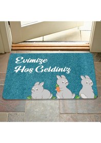 Resim Dijital Baskılı Kapı Önü Paspas Hoşgeldiniz Yazılı Çiçek Desen Ve Tavşan Iç Ve Dış Kapı Yıkanabilir Siyah Ve Mavi 