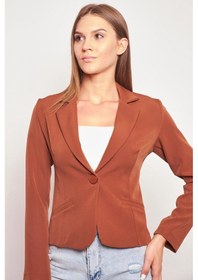 Resim Yakalı Flato Cepli Uzun Kol Pamuklu Kumaş Hafif Likralı Kısa Blazer Ofis Ceket-koyu Taba K.taba 