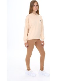 Resim Toontoy Kids Toontoy Kız Çocuk 2'li Takım Baskılı Kapüşonlu Düşük Omuz Sweatshirt & Basic Düz Tayt Bej 