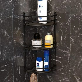 Resim Tekno-tel ÜÇ KATLI KANCALI BANYO KÖŞE RAFI ŞAMPUANLIK BANYO DÜZENLEYİCİMAT SİYAH ES076H 