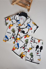 Resim KİDSPİTİRCİK Unisex Çocuk Mickey Desenli Önü Düğmeli Şortlu Pijama Takımı 