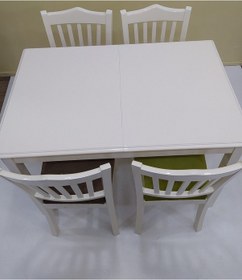 Resim Masa Sandalye Mutfak Model Kayın Torna Ayak Açılır Tabla Parlak Beyaz Boya Babyface Kumaş El Yapım 