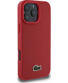 Resim İphone Uyumlu 16 Pro Kılıf Lacoste Lisanslı Pu Pike Desenli İkonik Timsah Dokuma Logolu Kırmızı 