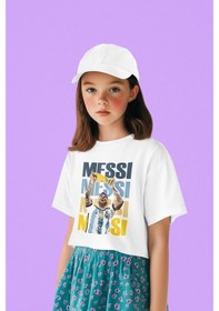 Resim Sevbano Unisex Messi Baskılı Efsane Futbolcu Çocuk Tişört 1-12 Yaş Beyaz 