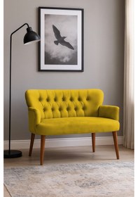 Resim Roma Modern İkili Koltuk - Babyface Kumaş - Ahşap Ceviz Renk Ayak - Sarı Sarı 