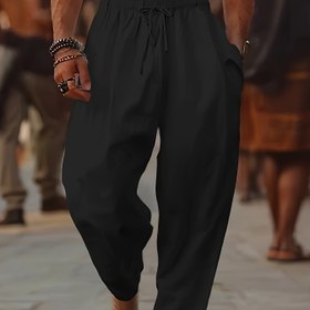 Resim Erkekler için Bol Kesim Keten Plaj Pantolonu - Yıkanmış Vintage Dokulu Kumaş ile Bağcıklı Bel, Sokak Giyim, Açık Hava Tatili ve Rahat Giyim için Ayarlanabilir Konfor - Nefes Alabilen Düz Renk Tüm Mevsim Pantolon, Plaj Pantolonu, Tatil Giyim, Ayarlanabilir Konfor Pantolon, Esnek Olmayan Malzeme 