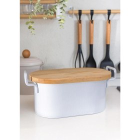 Resim The Mia Stripe Ahşap Kapaklı Ekmek Saklama Kutusu Beyaz 40X22X18 cm 
