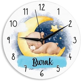 Resim caju art & decoration CajuArt Ayda Uyuyan Sevimli Ayı Kişiye Özel Mavi Çocuk Odası Duvar Saati 