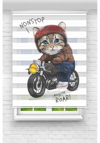 Resim Perdecizade Enxboy Motorcu Kedi Dijital Baskılı Zebra Perde-cocuk Odası-stor Perde Pz-2582 Renkli 