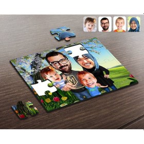 Resim Kişiye Özel Tesettürlü Aile Karikatürlü Ahşap Puzzle-3 