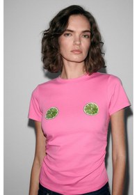 Resim Grimelange Vunıka Kadın Yumuşak Kumaşlı Baskı Detaylı Slim Fit Pembe T-shirt Pembe 