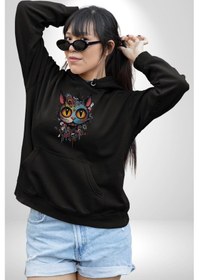 Resim Meksikalı Alebrije Kedi Fütüristik Kedi Kadın Erkek Siyah Kapüşonlu Sweatshirt Hoodie Siyah 