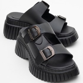 Resim Luvishoes Joanes Siyah Cilt Hakiki Deri Çift Bantlı Kadın Dolgu Taban Terlik Siyah 