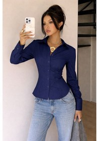Resim Kadın Premium Gömlek Slim Fit Uzun Kollu Şık Ofis Günlük Kombin Basic Klasik Gömlek Lacivert 