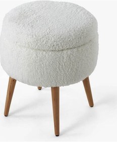 Resim Teddy Ahşap Ayaklı Sandıklı Yuvarlak Puf Makyaj Masası Pufu - Dekoratif Ayak Uzatma Pufu Krem 