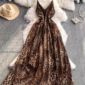 Resim Şık Leopar Desenli Maksı Elbise - V Yaka, Kolsuz, Akıcı A Şekilli Etek Kadınlar İçin - Bahar, Yaz ve Sonbahar İçin Mükemmel, Plaj veya Tatil Stili, Hafif Polyester Malzeme 