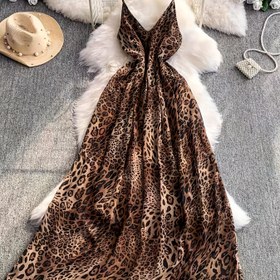 Resim Şık Leopar Desenli Maksı Elbise - V Yaka, Kolsuz, Akıcı A Şekilli Etek Kadınlar İçin - Bahar, Yaz ve Sonbahar İçin Mükemmel, Plaj veya Tatil Stili, Hafif Polyester Malzeme 