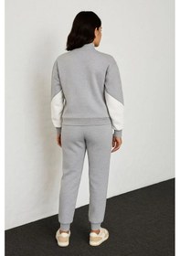 Resim Tarzyeri Kadın Premium Parçalı Eşofman Alt-üst Takım - Dik Yaka Fermuarlı Sweatshirt - Gri Beyaz 