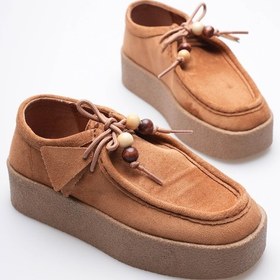 Resim Kadın Süet Loafer Ayakkabı Bağcık Boncuk Detaylı Taba Kavera Taba 