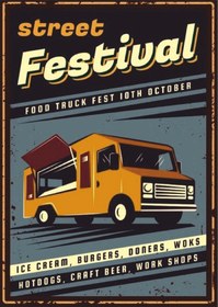 Resim Street Festival Retro Ahşap Tablo - Food Truck Ve Sokak Lezzetleri Temalı Tasarım 