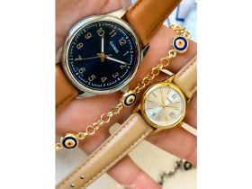 Resim Casio Marka Kahverengi Deri Kordon, Takvimli Sevgili Çift Kol Saatleri + Bileklik 