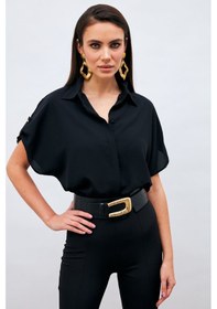 Resim Sateen Kol Detaylı Salaş Gömlek - Siyah 
