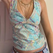 Resim Kadınlar İçin Bohem Parti Üstü - Seksi Halter Yaka Bluz, Turkuaz ve Çok Renkli Aksan Zincirleri, Görünmez Yaz Festival Akşam Kıyafeti - Makinede Yıkanabilir Şık Orta Doğu Dans Kostümü, Parlak Süslemeli Festival Giyim 