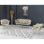 Resim Rozexi Balon Çay Seti Takımı Krem Koltuk Takımı Oturma Odası Kafe Antre Hol Ofis 2+1+1 Krom Metal 