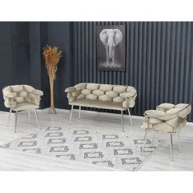 Resim Rozexi Balon Çay Seti Takımı Krem Koltuk Takımı Oturma Odası Kafe Antre Hol Ofis 2+1+1 Krom Metal 