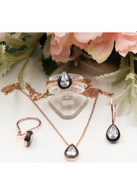 Resim Elmas Montürlü Damla Tek Taşlı Set Rose Gold - Gümüş 