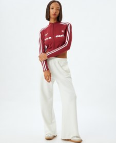 Resim Crop Tişört Fermuarlı Uzun Kollu Kolej Baskılı Dik Yaka Biyeli Slim Fit 