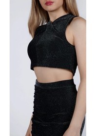 Resim Parlak Simli Crop Bluz Çok Renkli 