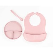 Resim Pembe 3’lü Silikon Yemek Seti – Önlük + Diş Kaşıyıcılı Kaşık + Vakumlu Tabak 