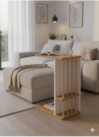 Resim Unisoft Pintdi C Tipi Koltuk Yanı Sehpası Dergilikli Laptop Kahve Yan Sehpası Çam - Beyaz- Cappucino 