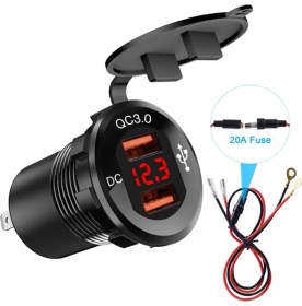 Resim Ally Qc 3.0 Motosiklet Araba Dual USB Şarj Soket LED Voltmetre Pa 