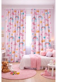 Resim Kız Çocuk Odası Çift Kanatlı Fon Perde Gökkuşağı Taç Ve Kalp Desenli 