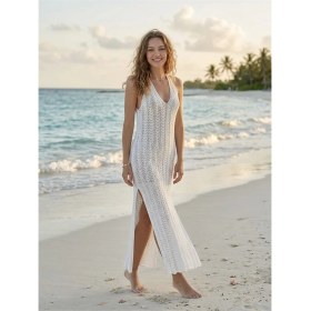 Resim Neden Tekstil Kadın Ajurlu Halter Yaka Yırtmaçlı Uzun Beachwear Elbise - Plaj Elbisesi 