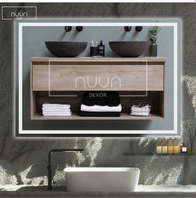 Resim Nuun Dekor 80x60cm Beyaz Ledli Dekoratif Banyo Aynası Kumlamalı Duvar Aynası Trafolu Beyaz 