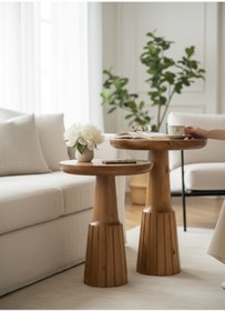 Resim ASELYA HOME Doğal Ahşap 2’li Set Mantar Yan Sehpa Modern Fiskos Zigon Çiçeklik 