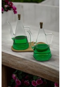 Resim Morponi Borosilikat Cam Bambu Standlı 2'li Glazzy Yağlık Set 500 Ml+500 Ml Şeffaf 