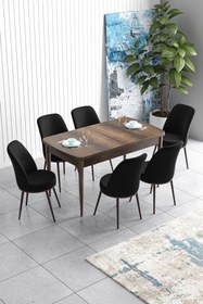 Resim Canisa Han Serisi 70x114 Açılabilir Mdf Mutfak Masası Takımı Barok Desen Masa 6 Siyah Sandalye 