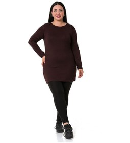 Resim Büyük Beden Yuvarlak Yaka Uzun Kollu Viskon Uzun Kahverengi Body 