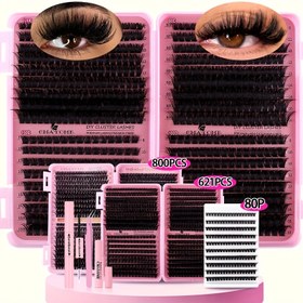 Resim 800/621/180/2 adet kümeleştirilmiş kendinden aşılanmış takma kirpik DIY kiti, Vahşi Makyaj stili, karışık uzunluk 8-18mm, D kıvrım, takma kirpik yapıştırıcı cımbız fırça çıkarıcı ve aşılama aracı ile, yeni başlayanlar için uygun, Anneler Günü/Sevgililer Günü hediyesi için mükemmel 
