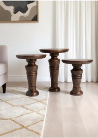 Resim ASELYA HOME Doğal Ahşap 3’lü Set Mantar Yan Sehpa Modern Fiskos Zigon Çiçeklik 