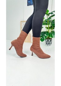 Resim Günlük Kadın Bot Yüksek İnce Topuklu Triko Esnek Sivri Burunlu Tırtıklı Taban Rahat Bootie 170 Taba 