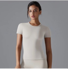 Resim Rooftrellen Kadın Spor Tişört - Koşu, Yoga İçin Nefes Alabilen Kısa Kollu Aktif Üstbej Bej 