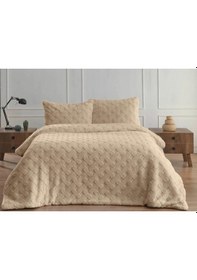 Resim Merinos Diamond Çift Kişilik Yatak Örtüsü Peluş Kürk Yumuşak Comforter Yorgan Seti Bej 
